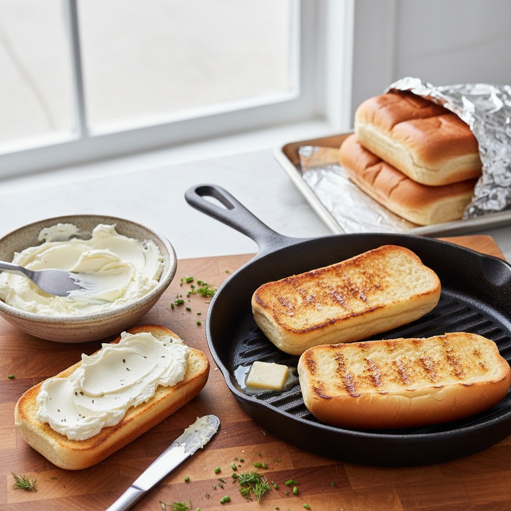 Prepare and warm buns; prep the cream cheese