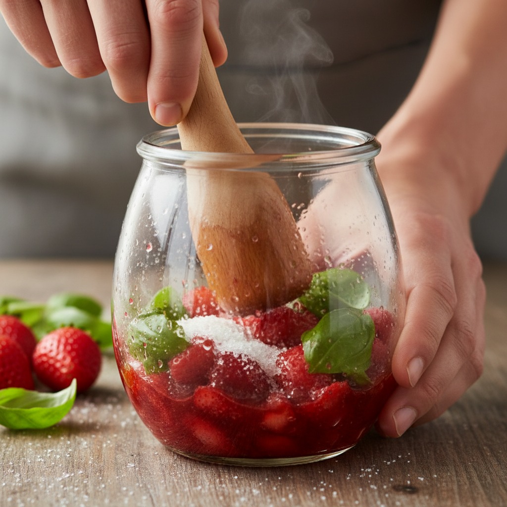 Muddle strawberries, basil and sugar