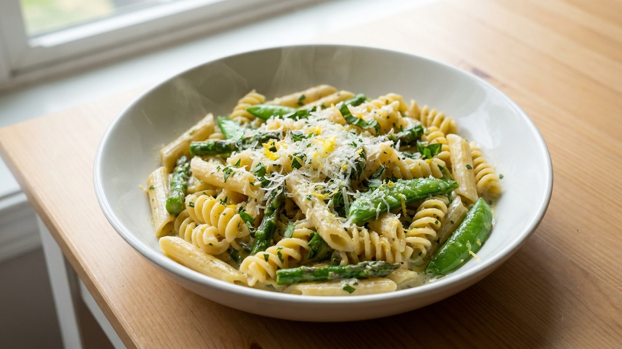 Pasta Primavera with Asparagus, Snap Peas and Herbed Cream Sauce