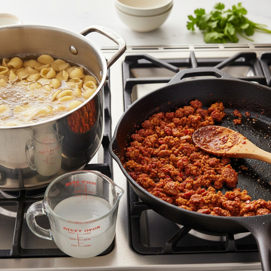 Brown the chorizo and aromatics