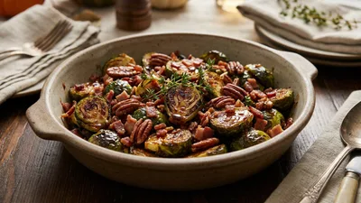 Smoky Maple-Glazed Roasted Brussels Sprouts with Bacon Crumble