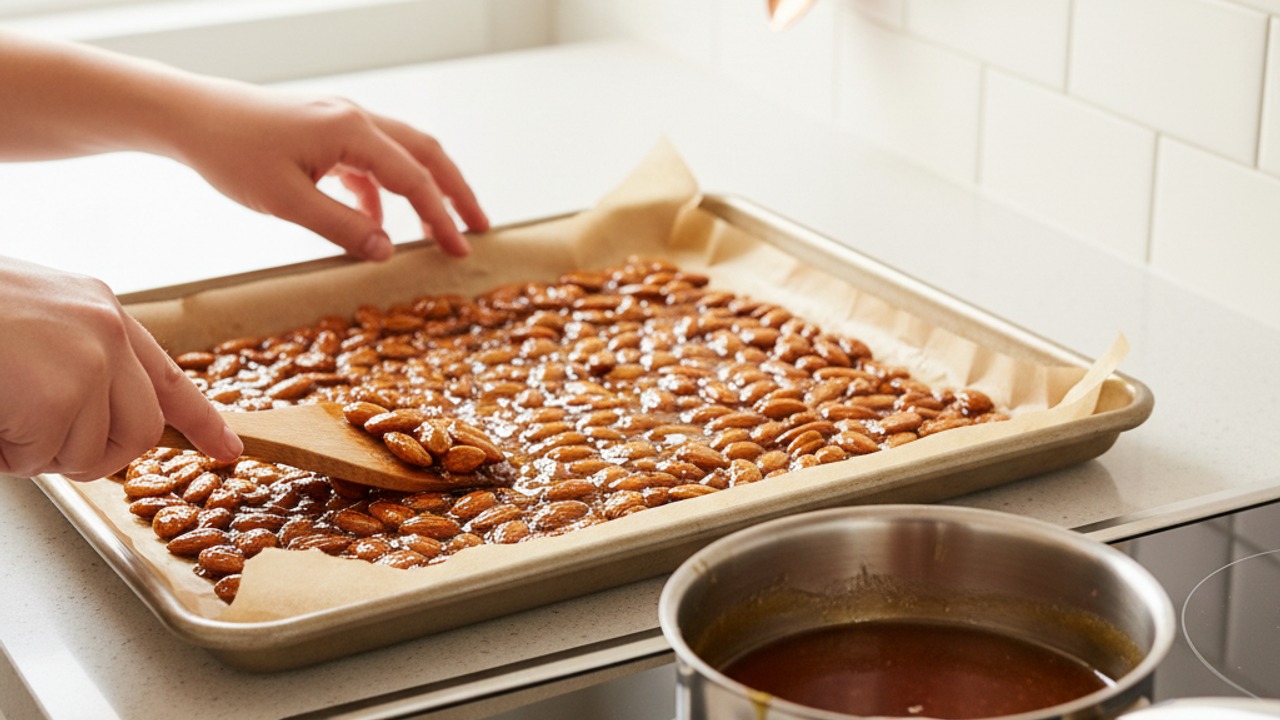 Coat and roast the almonds