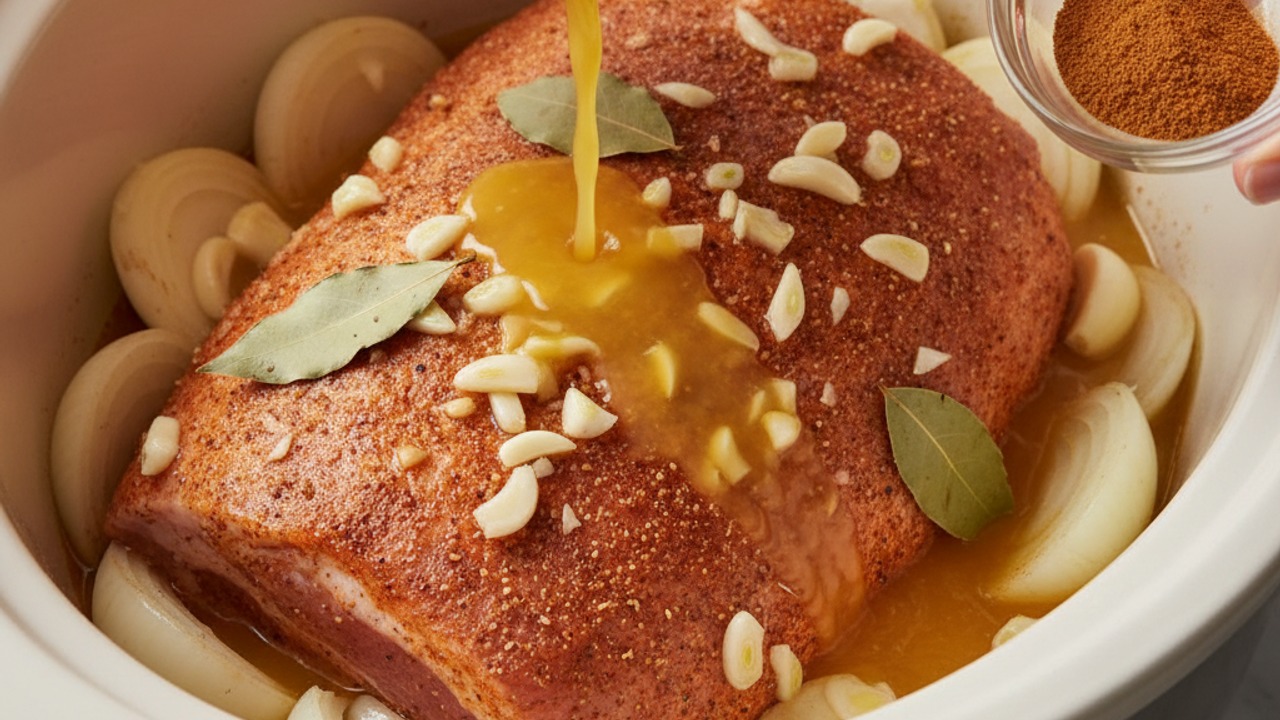 Add aromatics and citrus to slow cooker