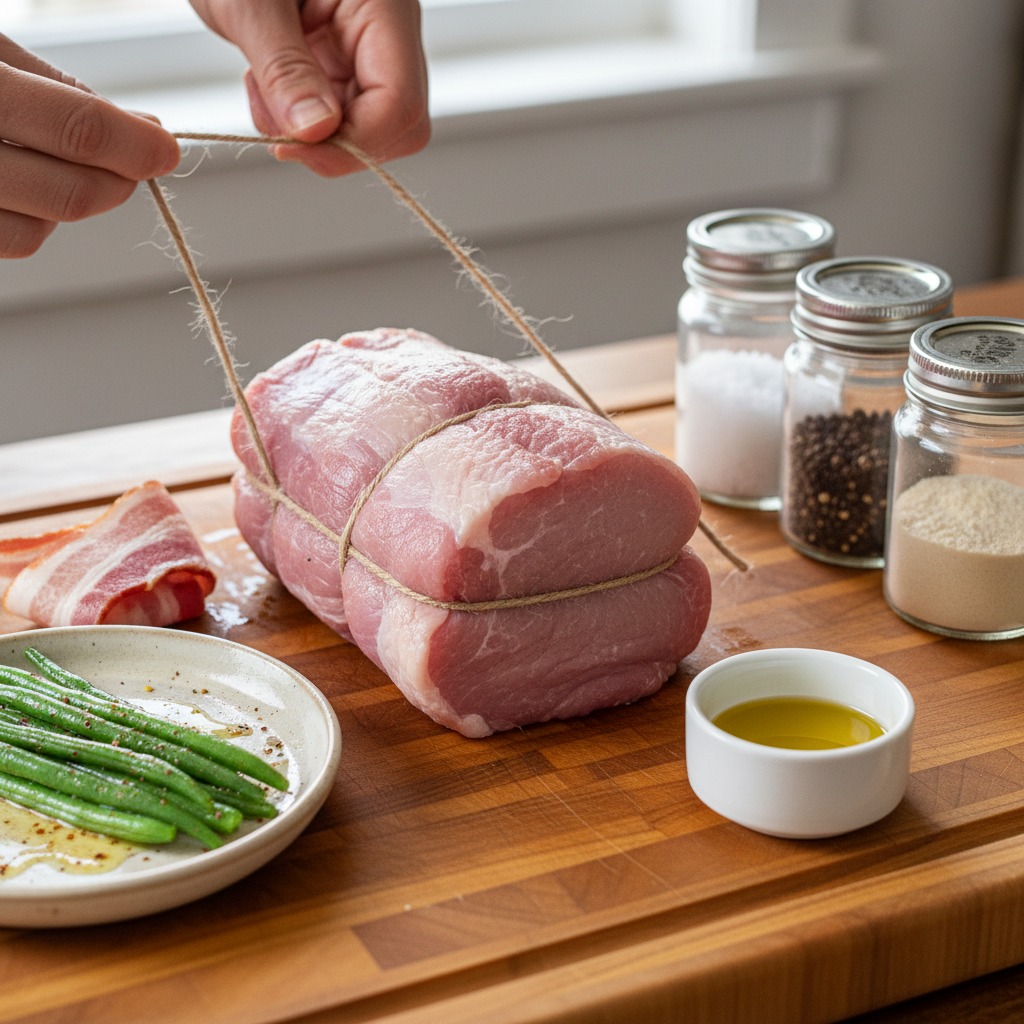 Prep pork and bacon-wrapped green bean bundles