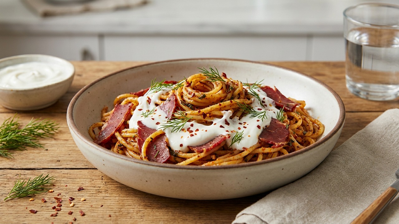 Turkish-Style Pastirma Beef Pasta with Garlic Yogurt Drizzle