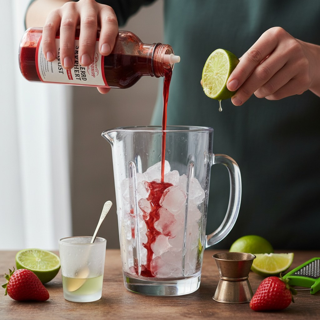 Measure and combine strawberry syrup and lime