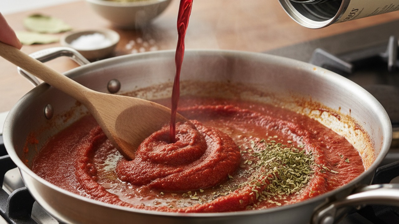 Build the tomato-wine sauce