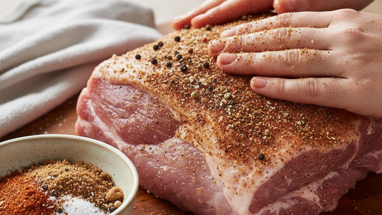 Make the dry rub and coat the pork