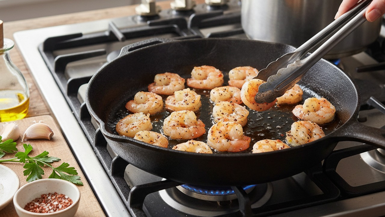 Season and sear the shrimp