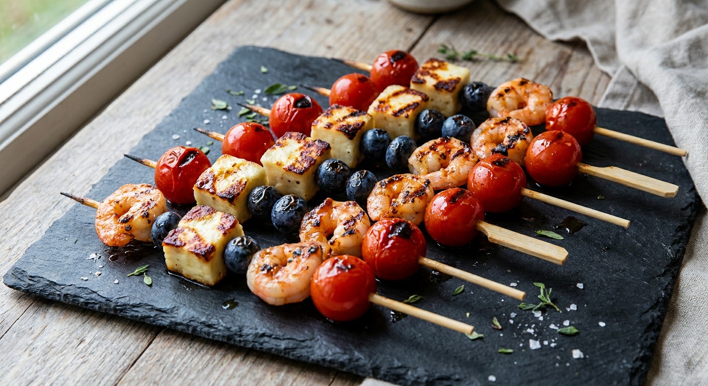 Grilled Red, White and Blue Shrimp and Halloumi Skewers