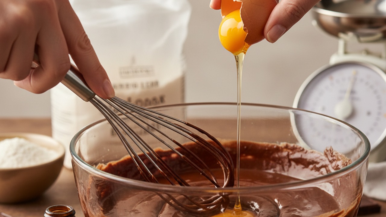 Whisk sugars, eggs, and vanilla into chocolate