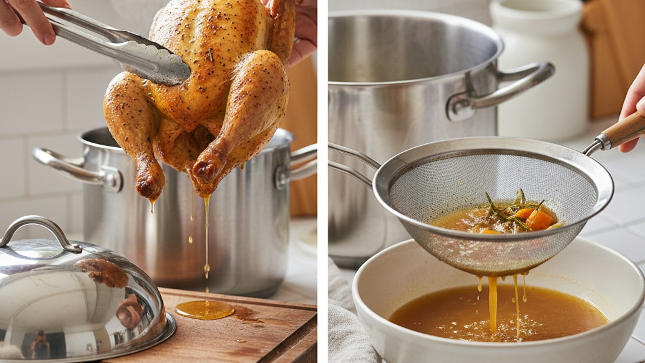 Remove chicken and strain the stock
