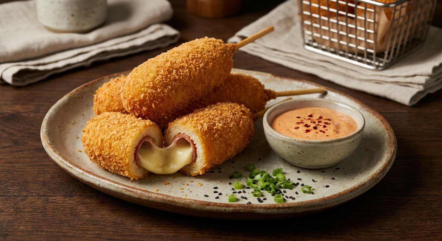 Korean Street Cheese Corn Dogs with Gochugaru Dipping Sauce