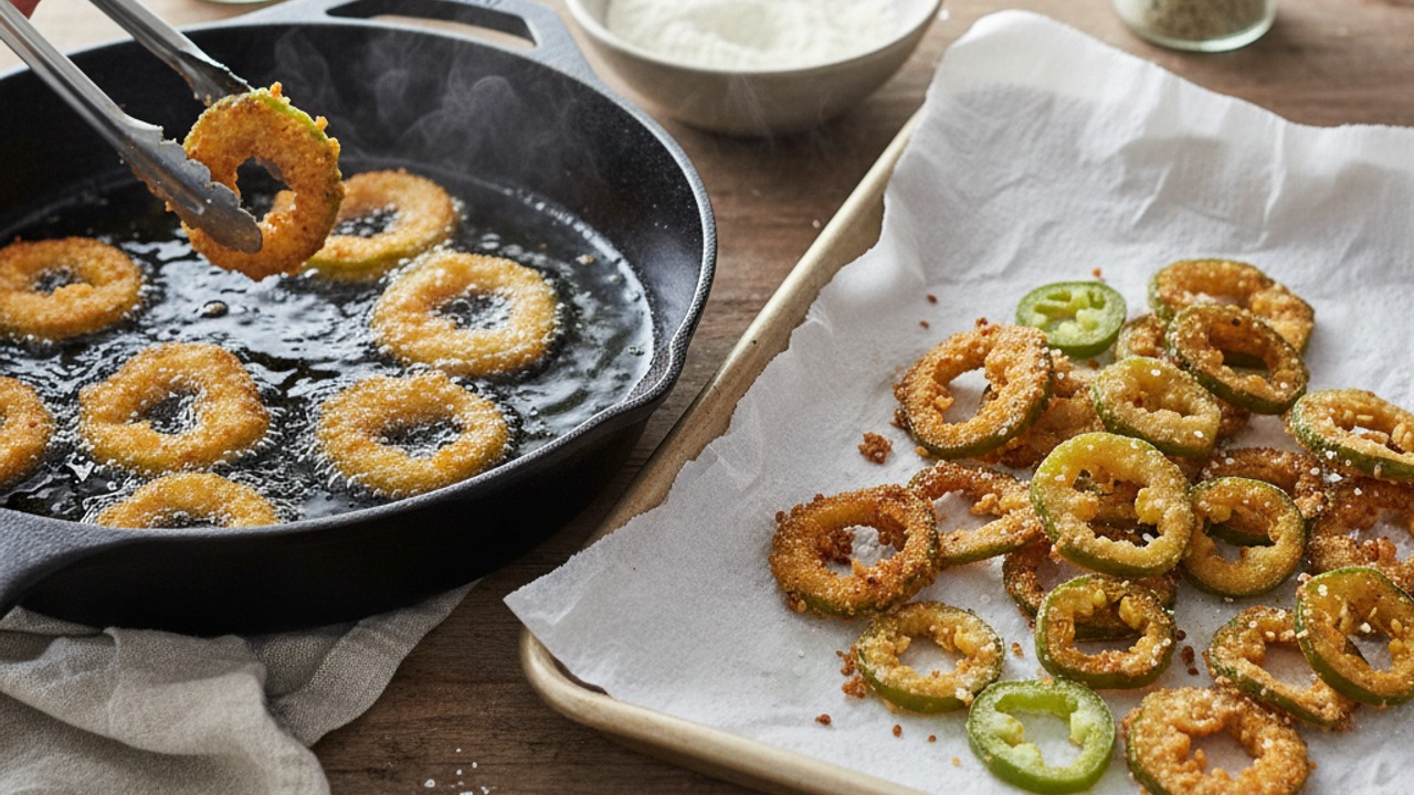 Dredge and fry the jalapeños
