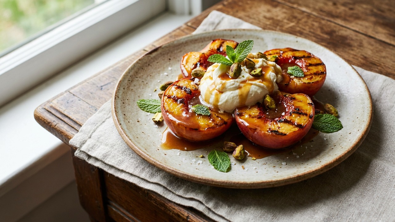 Grilled Peach Halves with Bourbon Caramel and Mascarpone