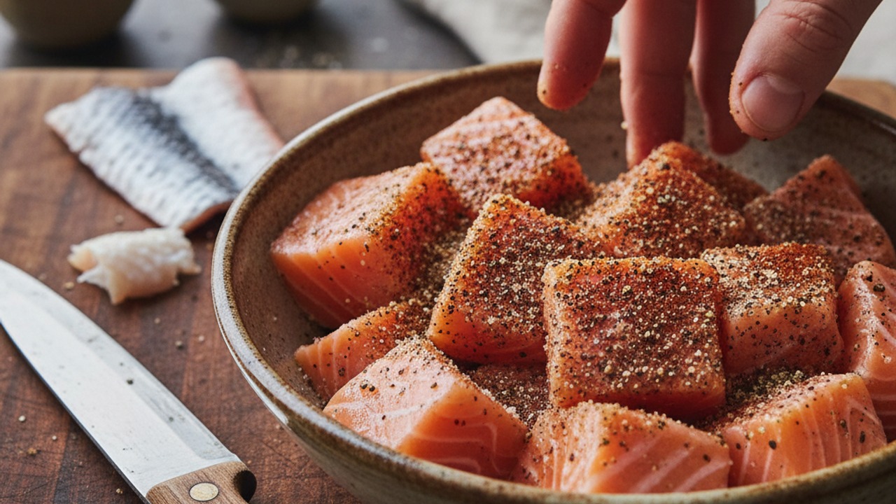 Trim, cube and season the salmon belly