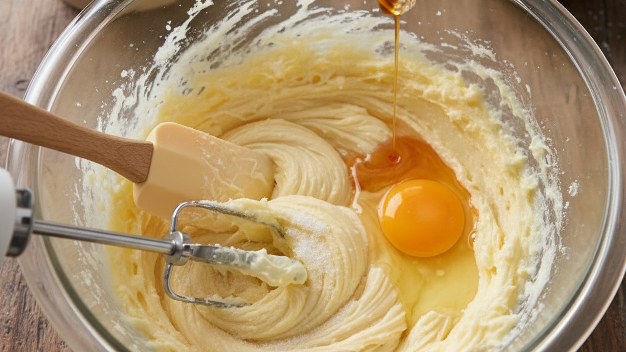 Cream butter and sugar; add egg and vanilla