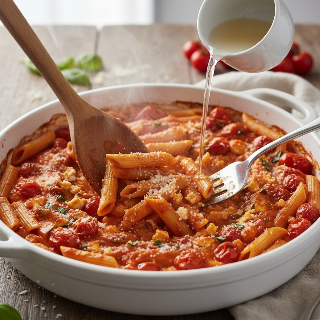 Mash roasted feta and combine with pasta