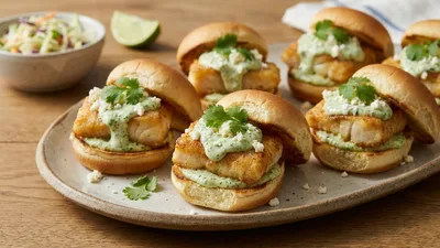 Mini Fish Taco Sliders with Queso Fresco and Cilantro Lime Crema