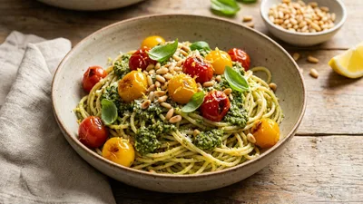 Easy No-Processor Pesto Pasta with Cherry Tomatoes and Toasted Pine Nuts