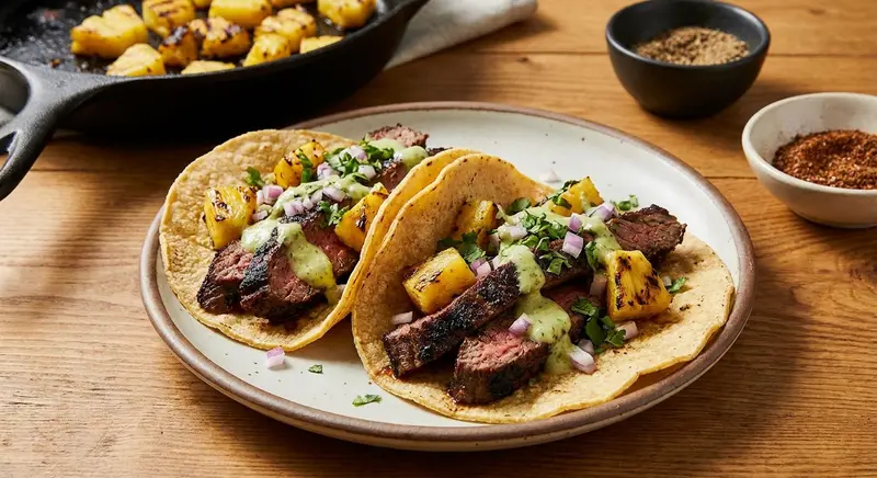 Coffee‑Chile Rubbed Flank Steak Tacos with Charred Pineapple Salsa