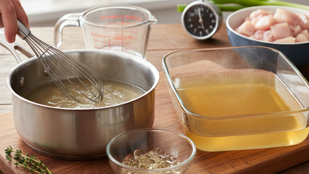 Make and chill the aspic (gelatinized stock)