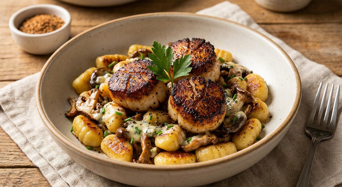Spiceology Black & Bleu Scallops with Mushroom Gnocchi