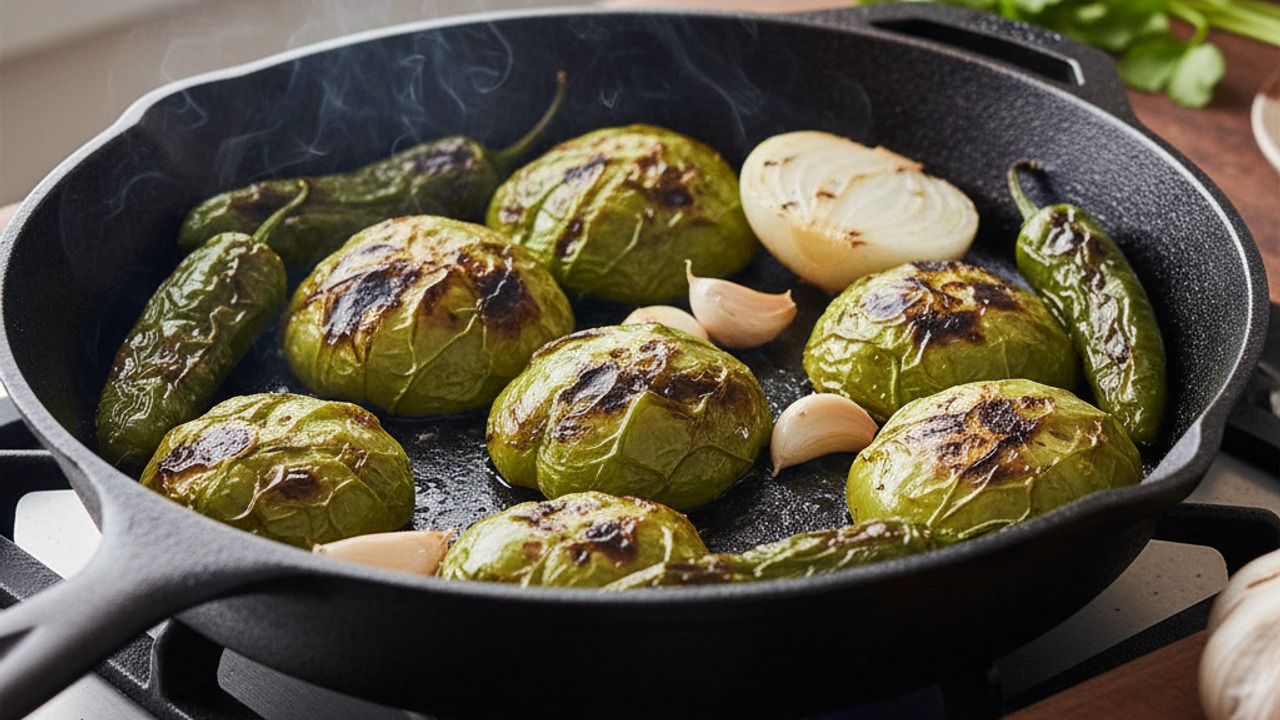 Char the tomatillos, chiles, onion and garlic