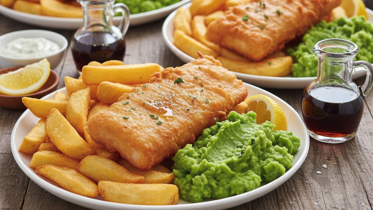 Serve with malt vinegar and peas