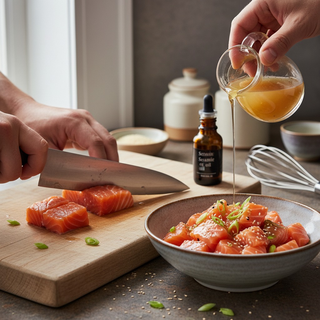 Dice and marinate the salmon