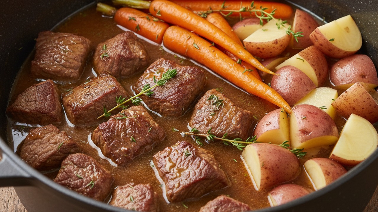 Return beef and add vegetables and herbs