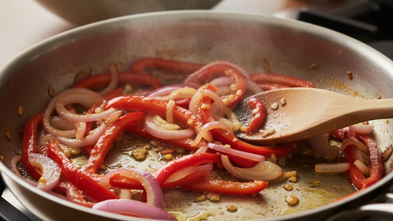 Sauté the aromatics and peppers