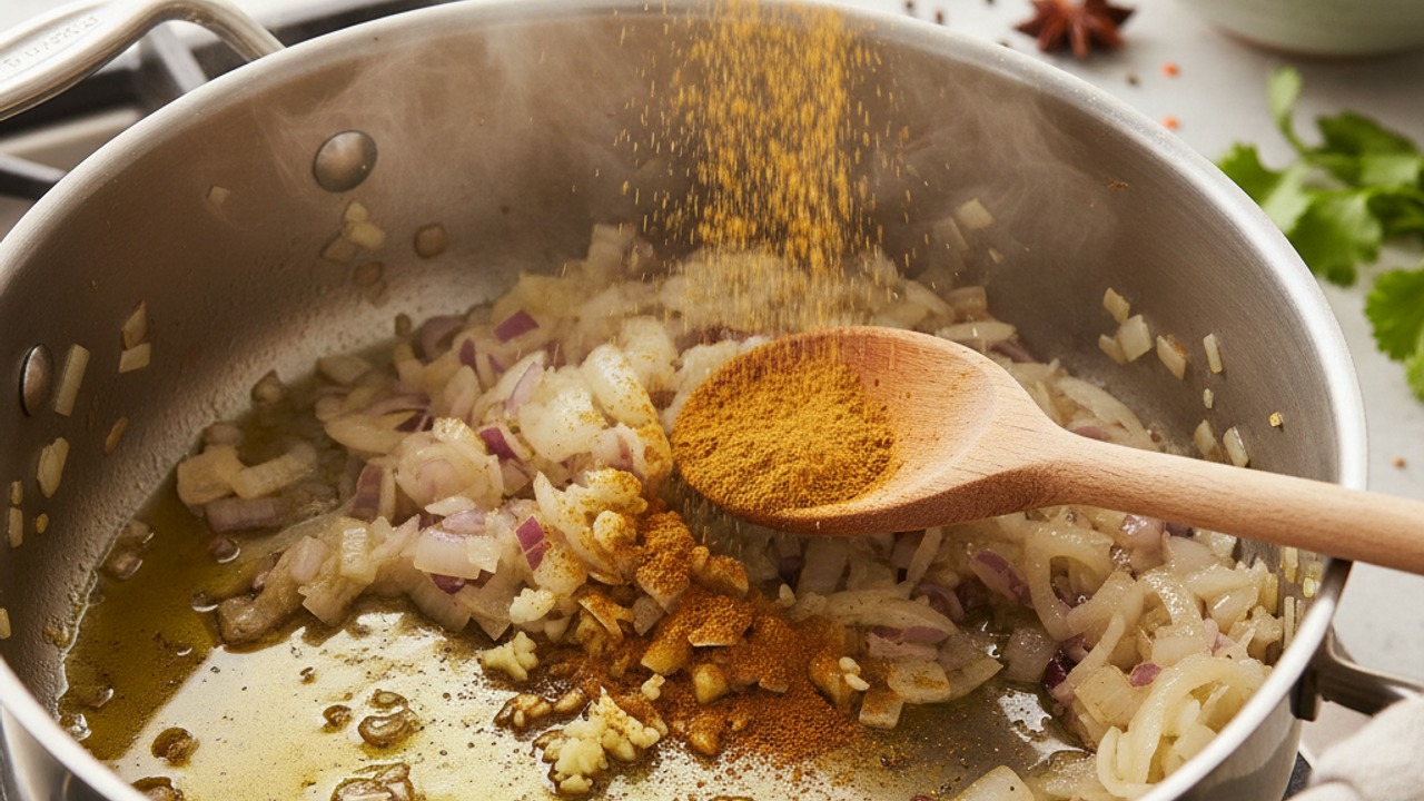 Sweat the aromatics and toast the spices
