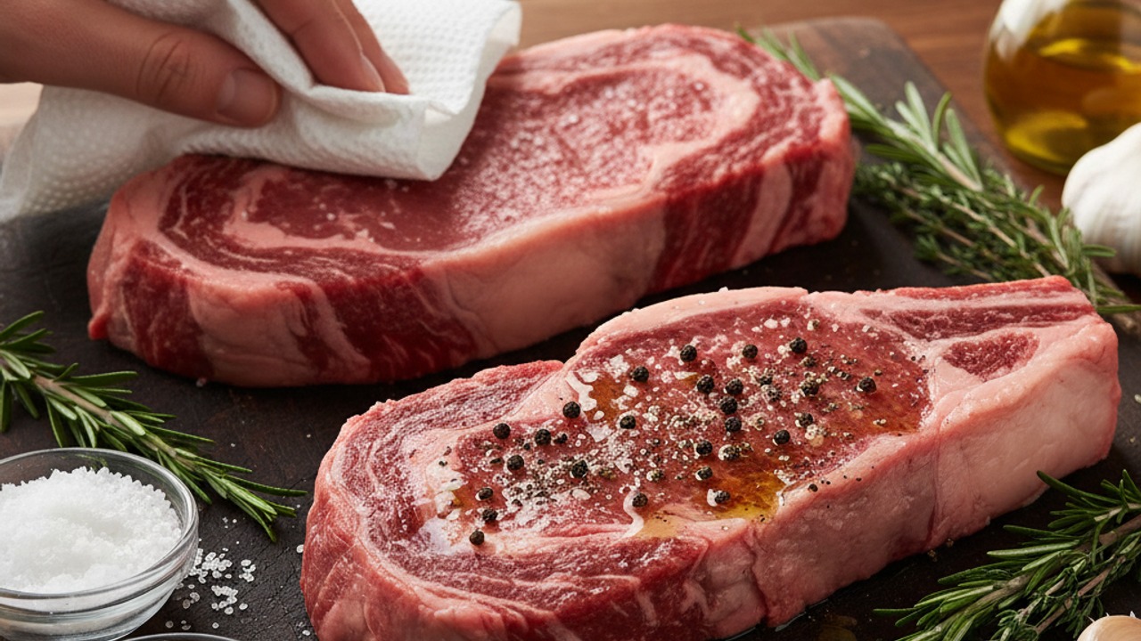 Bring steaks to room temperature and season