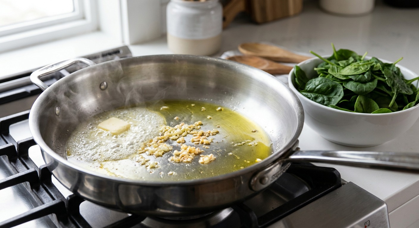Wilt the spinach with garlic
