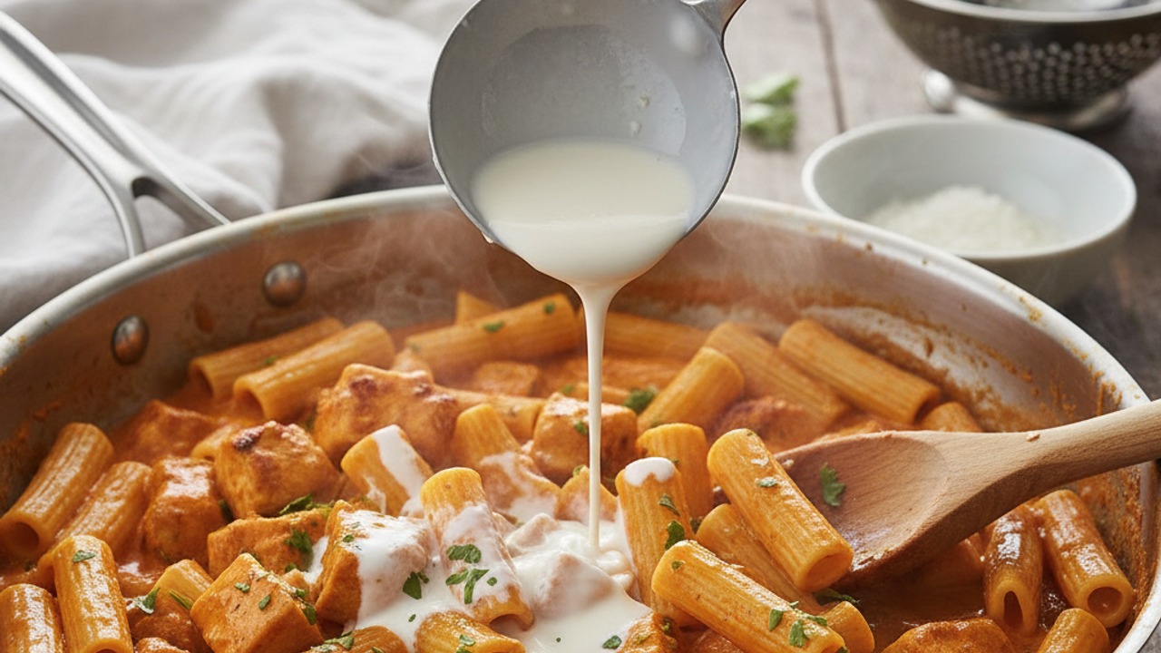 Finish with cream and combine with pasta