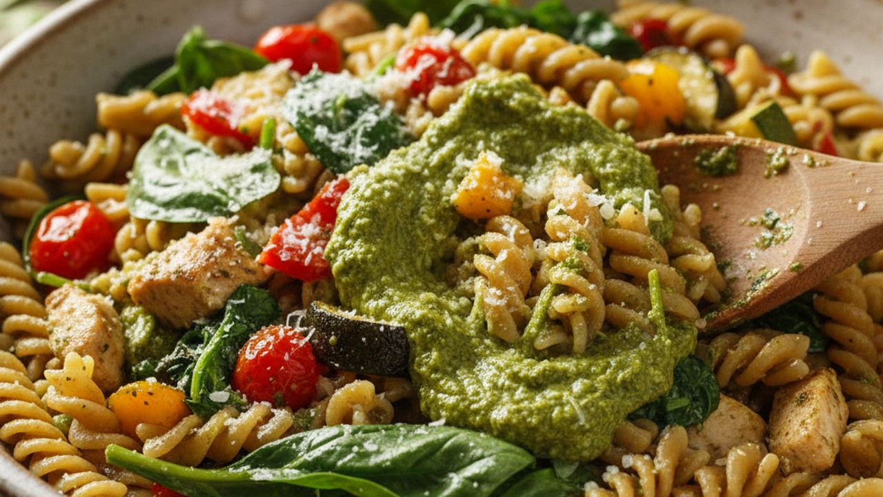 Finish with pesto and greens