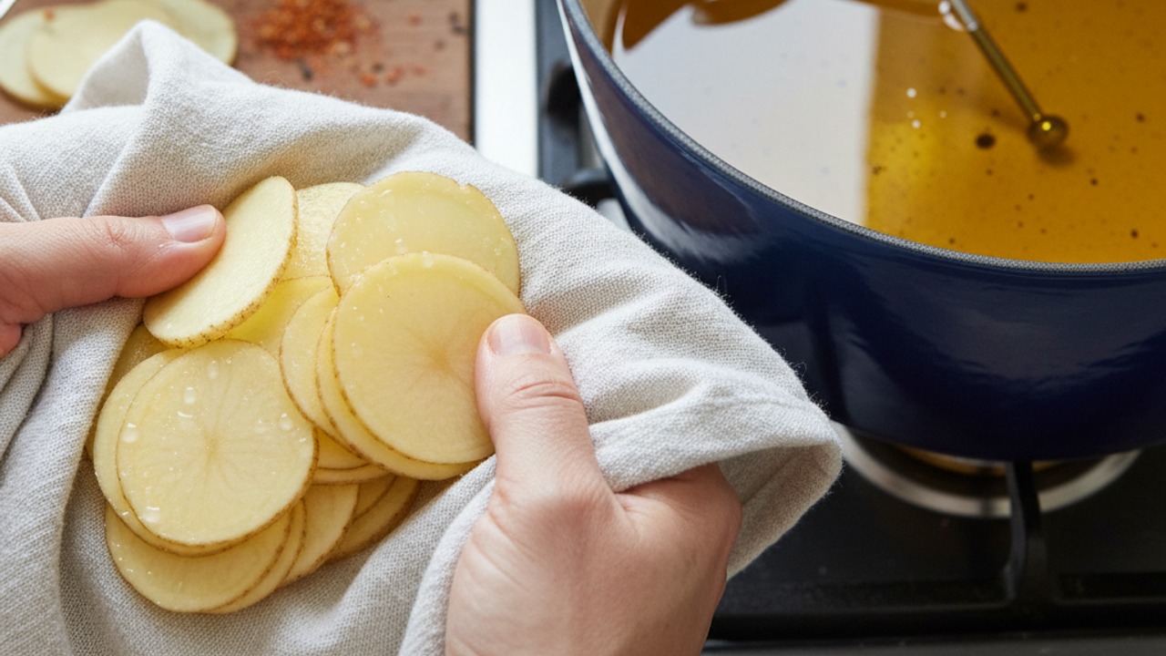 Dry the slices and heat the oil