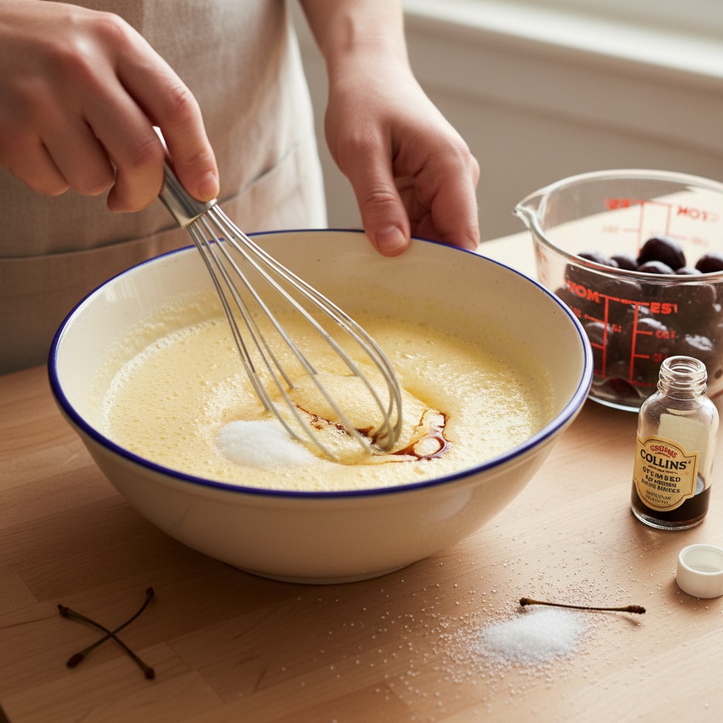 Whisk eggs, sugar and flavorings