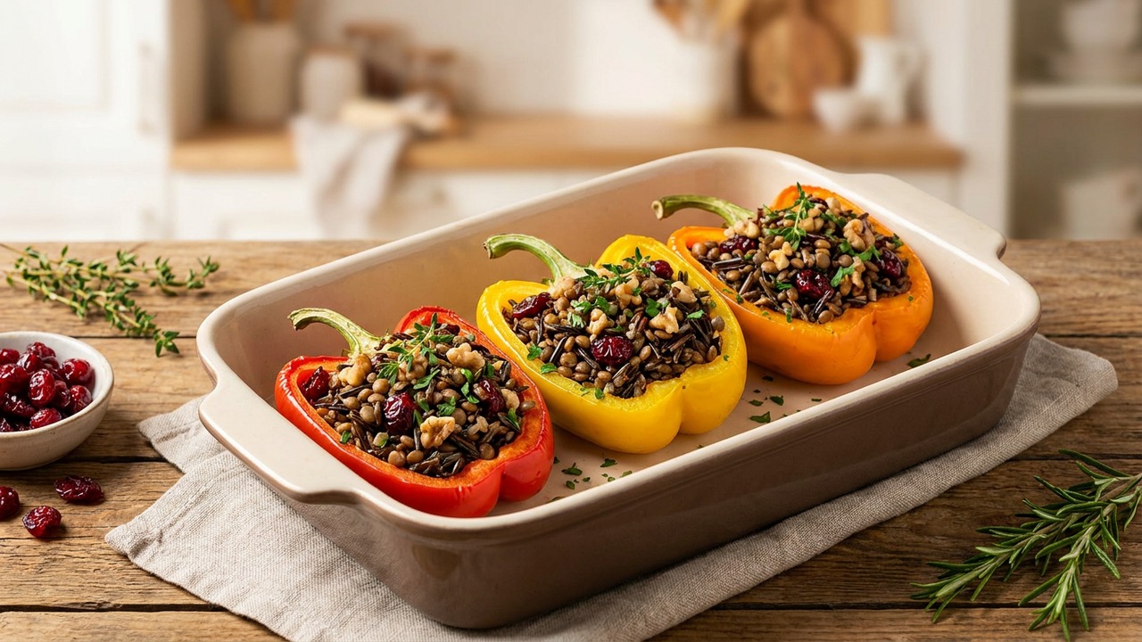 Wild Rice, Lentil and Cranberry Stuffed Bell Peppers (Baked)