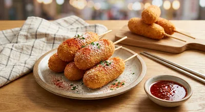 Korean Street Cheese Corn Dogs with Gochugaru Dipping Sauce