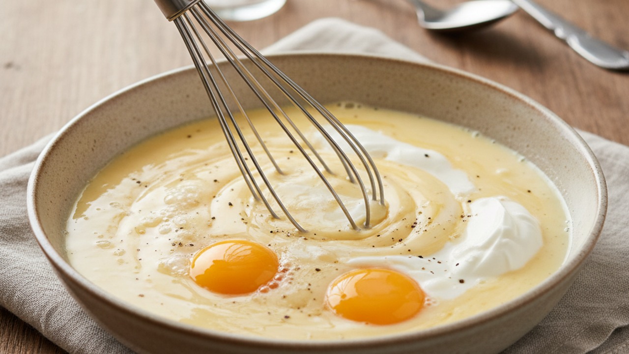 Whisk eggs with sour cream and seasonings