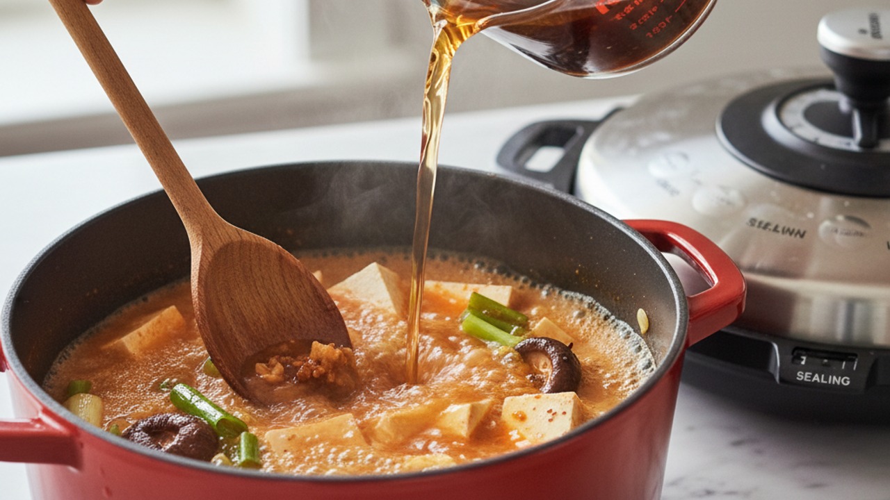 Add broth, fish sauce and pressure cook