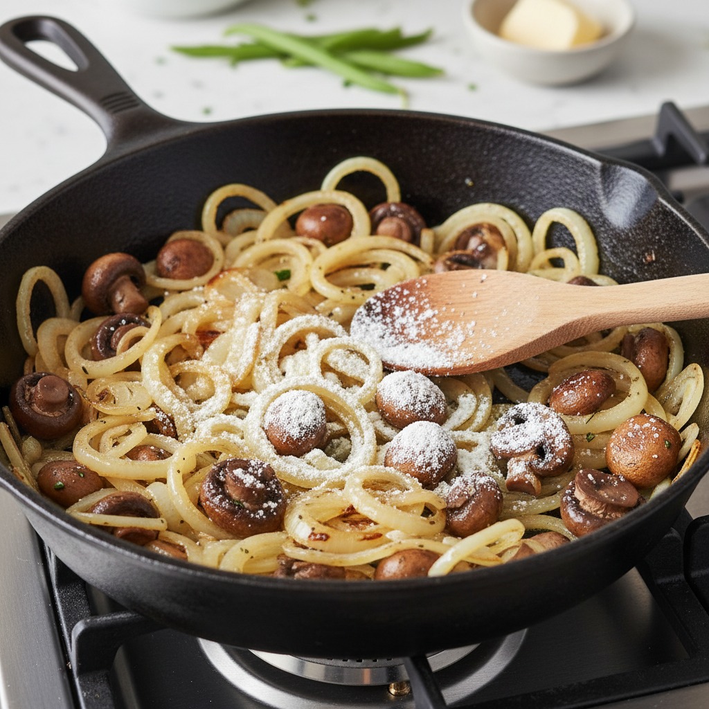 Sauté aromatics and mushrooms, make the sauce