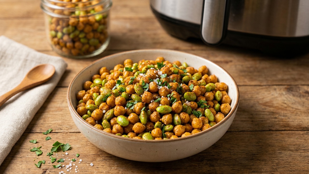 Air Fryer Spiced Roasted Chickpeas and Edamame Snack Mix