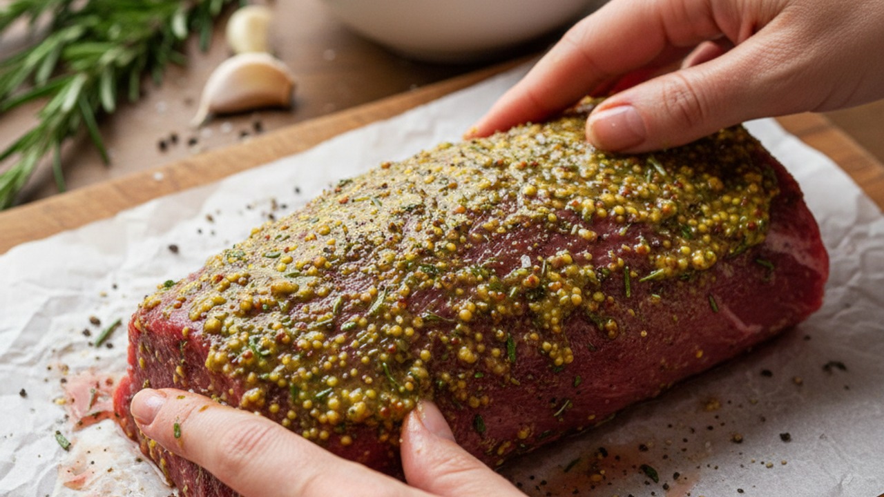 Make the mustard-herb rub and season the roast