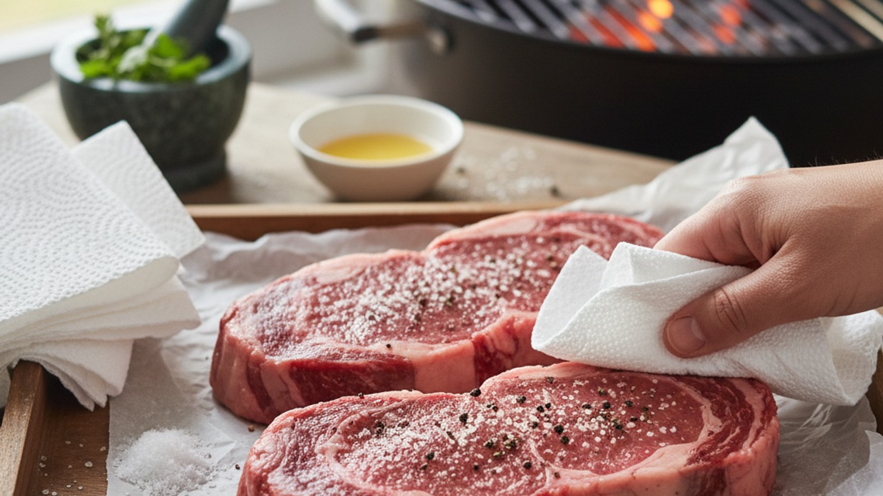 Bring steaks to room temperature and season