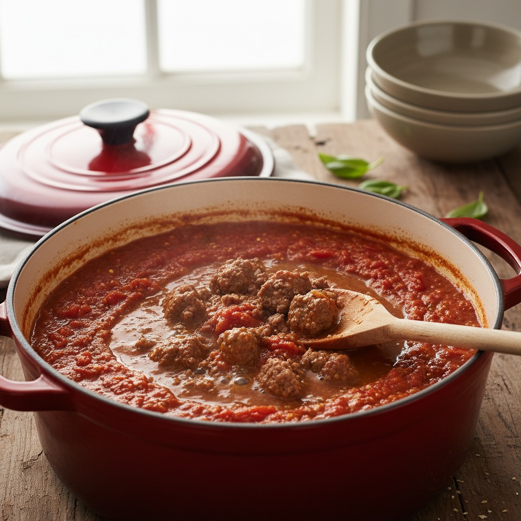 Add tomatoes and stock, then simmer slowly