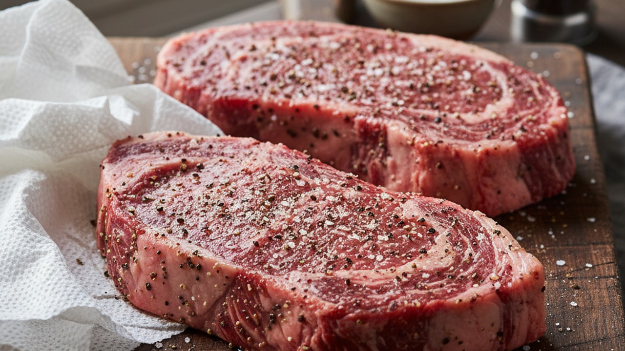 Season and dry-brine the steaks