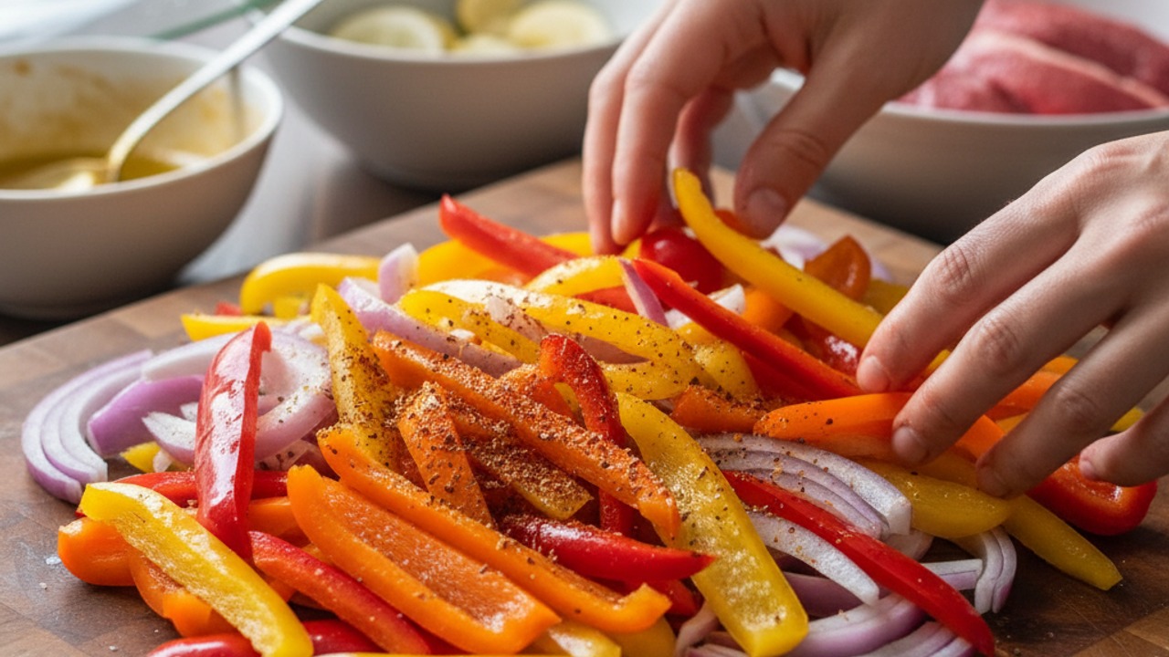 Prep and oil the peppers and onion